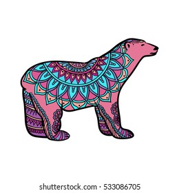 stylized Polar Bear illustration in zentangle doodle style, ethnic ornament, unique hand drawn design for print, clothing, greeting cards, banners and other