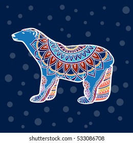 stylized Polar Bear illustration in zentangle doodle style, ethnic ornament, unique hand drawn design for print, clothing, greeting cards, banners and other