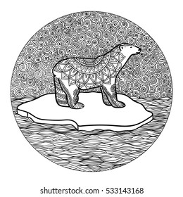 stylized Polar Bear illustration in zentangle doodle style, ethnic ornament,unique hand drawn design for print,clothing,greeting cards, banners,antistress coloring page for adult and other. isolated