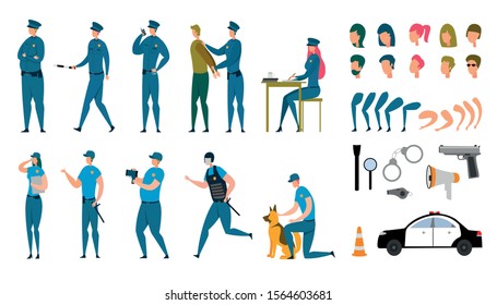 Stylized Policeman Animated Characters Flat Set
