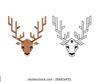 Stylized polygonal deer head with antlers in two variants: flat colors and black wireframe.