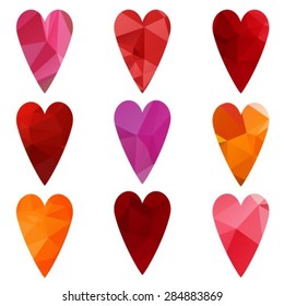 Stylized polygonal hearts set isolated on a white background.