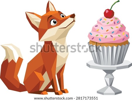 Stylized polygonal illustration of an orange fox sitting and gazing upward at a cupcake with pink frosting, sprinkles, and cherry on top. Perfect for whimsical, modern art, animal character, and food design concepts.