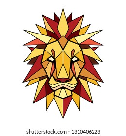 Stylized polygonal Lion head. Vector geometric illustration. Color low poly sketch for tattoo, poster, clothes, t-shirt design, coloring book, laser cutting.