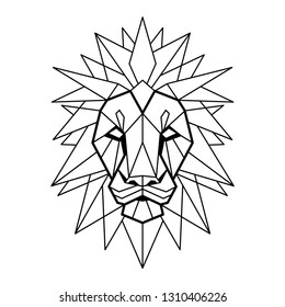 Stylized polygonal Lion head. Vector geometric illustration. Graphic low poly sketch for tattoo, poster, clothes, t-shirt design, coloring book, laser cutting.