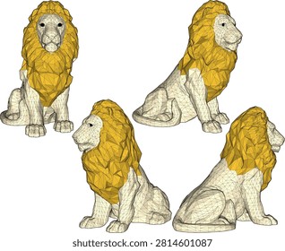 Stylized polygonal lion monument depicting a seated majestic wild predator in multiple viewing angles