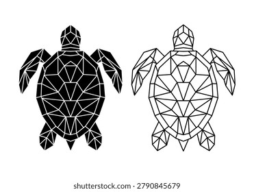 Stylized polygonal sea turtle silhouette and outline, abstract geometric ocean animal design isolated on white background.