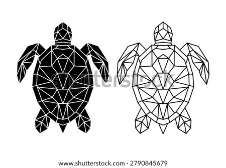 Stylized polygonal sea turtle silhouette and outline, abstract geometric ocean animal design isolated on white background.