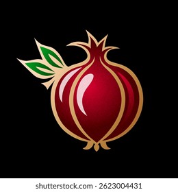 A stylized pomegranate illustration with a glossy, deep red surface, accented by a delicate golden outline that enhances its luxurious look