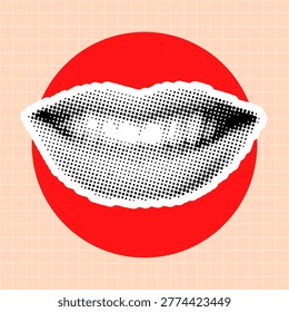A stylized pop art graphic featuring a pair of smiling lips rendered in black and white halftone dots, set against a bold red circle on a grid background.