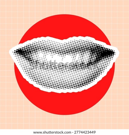 A stylized pop art graphic featuring a pair of smiling lips rendered in black and white halftone dots, set against a bold red circle on a grid background.