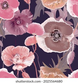 Stylized poppies flowers in warm colors, seamless pattern on a dark blue background