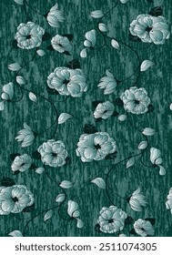 Stylized poppies linked with string flowers, dark green  material background, contrasting light and dark