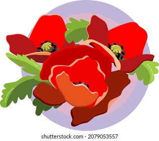 Stylized poppies in pink and red colors. Registration of postcards, congratulations and gifts.