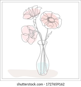 stylized poppies in a vase, vector drawing in pastel colors