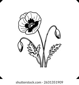 Stylized Poppy Flower silhouette vector - Layered Petal Design, Textured Details, Thin Stem with Central Marking
