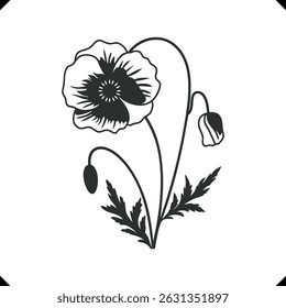 Vetor de flor de papoula estilizada - vetor de flor, estrutura de pétalas em camadas, detalhes texturizados, design de tronco fino elegante