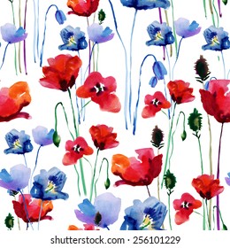 Stylized Poppy flowers illustration, seamless pattern. vector.