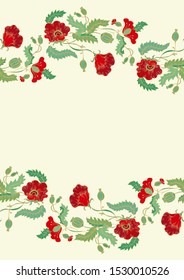 Stylized poppy flowers with red petals, golden contours on dark background