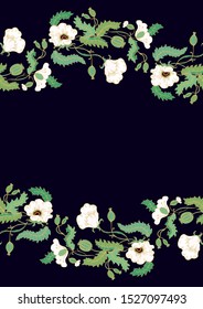 Stylized poppy flowers with white petals, golden contours on dark background