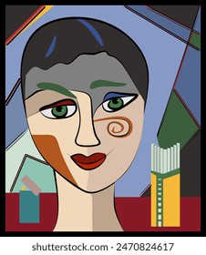 A stylized portrait asymmetrical, geometric features and multiple colors. Green eyes, red lips, and patterns on the cheek add detail to the subject set against a background of contrasting hues.