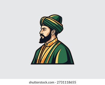 Retrato estilizado de um homem barbudo vestindo um turbante e roupas tradicionais