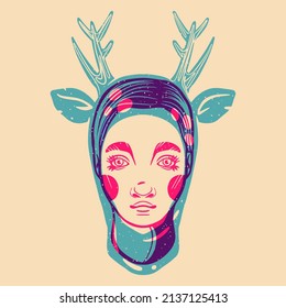 Stylized portrait of a beautiful girl  in animal mask drawn by lines. Vector illustration. Riso print effect