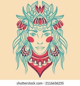 Stylized portrait of a beautiful girl with flowers in her hair drawn by lines. Vector illustration. Riso print effect