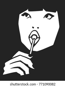 Stylized portrait of beautiful girl with lollipop looking upwards in black and white