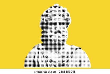 A stylized portrait of a classical philosopher, depicted in a halftone dot pattern against a bright yellow background. The figure has a beard and long hair, wearing a draped garment.