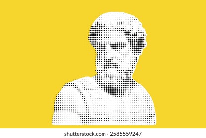 A stylized portrait of a classical philosopher, depicted in a dotted pattern against a bright yellow background. The figure has a beard and is wearing a toga, conveying wisdom and antiquity.