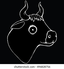 Stylized portrait of a cow. bull's head. Cartoon. Drawing by hand. Line art. Doodle. Tattoo.