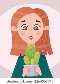 Retrato estilizado de una linda jovencita de cabello rojo con un cactus. Un avatar para un amante del cactus. Ilustración plana de dibujos animados