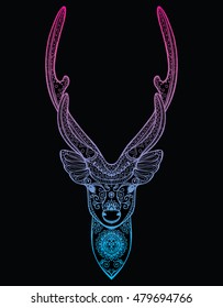 Stylized portrait of a deer head. Forest animals. Line art. Ornamental. Drawing by hand. Doodle. Tattoo. Print.