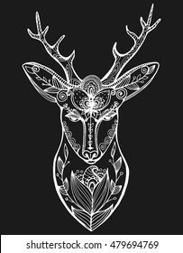 Stylized portrait of a deer head. Forest animals. Line art. Ornamental. Drawing by hand. Doodle. Tattoo. Print.