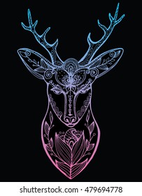 Stylized portrait of a deer head. Forest animals. Line art. Ornamental. Drawing by hand. Doodle. Tattoo. Print.