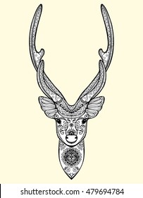 Stylized portrait of a deer head. Forest animals. Line art. Ornamental. Drawing by hand. Doodle. Tattoo. Print.