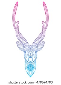 Stylized portrait of a deer head. Forest animals. Line art. Ornamental. Drawing by hand. Doodle. Tattoo. Print.
