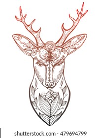Stylized portrait of a deer head. Forest animals. Line art. Ornamental. Drawing by hand. Doodle. Tattoo. Print.