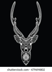 Stylized portrait of a deer head. Forest animals. Line art. Ornamental. Drawing by hand. Doodle. Tattoo. Print.