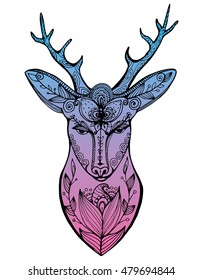 Stylized portrait of a deer head. Forest animals. Line art. Ornamental. Drawing by hand. Doodle. Tattoo. Print.