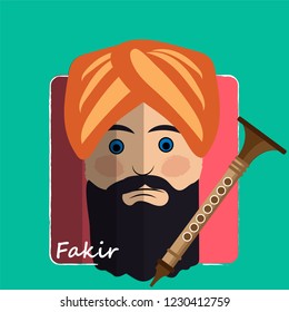 Stylized portrait of a fakir in a turban and with a flute. Vector illustration