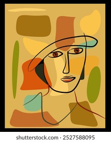 A stylized portrait features an abstract face with geometric shapes and a variety of muted colors. The background consists of overlapping shapes in earthy tones, adding depth and complexity.