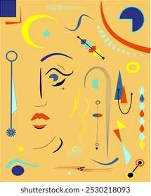 A stylized portrait features an abstract face with geometric shapes and a variety of muted colors. The background consists of overlapping shapes in earthy tones, adding depth and complexity.