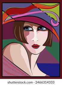 A stylized portrait features a woman with a colorful hat and a bob haircut, gazing intently to the side. Bold, geometric shapes and vibrant colors create a modern, graphic look.