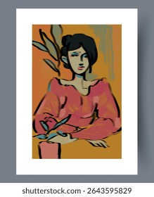 A Stylized Portrait Featuring a Woman Surrounded by Lush Plants in a Vibrant Modern Art Style