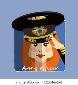 Stylized portrait of a female officer saluting. Vector illustration