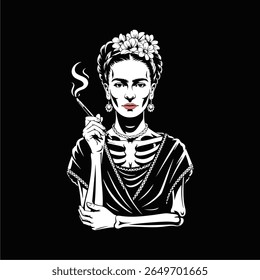 A stylized portrait of Frida Kahlo, depicted with a visible ribcage and holding a cigarette.  The image is in black and white with a red lip accent.