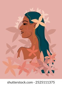 Stylized portrait of a girl from the back,  in profile.Beautiful Indian girl in flowersю.Long hair.A girl with a flower in her hair, surrounded by flowers.Stylish fashion models. Pretty young girl. 