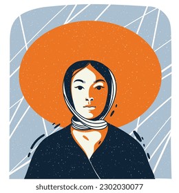 Retrato estilizado de una niña en un sombrero. Ilustración vectorial en estilo plano con textura granulada. Afiche, avatar, logotipo, impreso para ropa